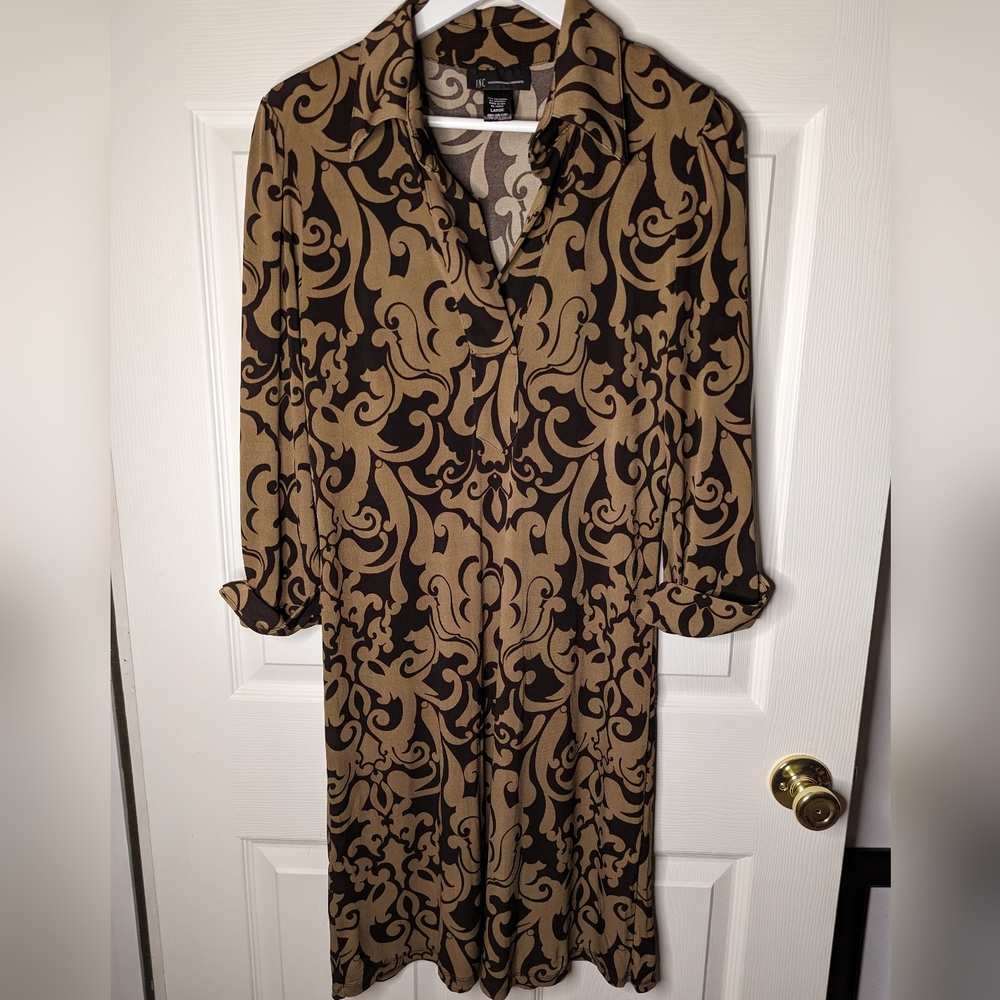 INC International Concepts Black and Tan Long Sleeve Shirt Dress